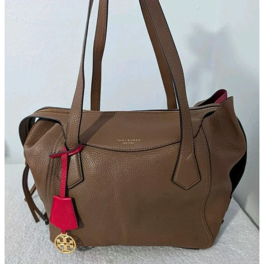 Tory Burch Perry Leather Satchel Bag Brown Moose w/ Red Interior - Picture 1 of 13